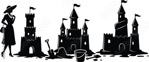 Black and white beach silhouette, sandcastle illustration, summer holiday design, seaside vacation art, playful sand bucket, shovel, family fun, coastal scene