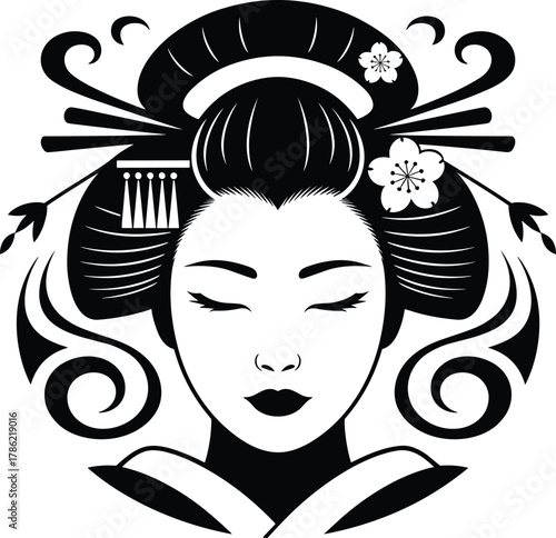 Japanese geisha woman portrait with closed eyes, traditional kimono beauty, elegant Asian art vector, minimalist black and white design
