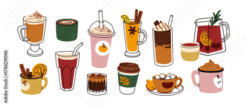 Autumn drinks set. Hot pumpkin latte, tea and coffee with spices, cocoa with marshmallow. Seasonal fall and winter beverages in cup, mug, glass. Flat vector illustrations isolated on white background.