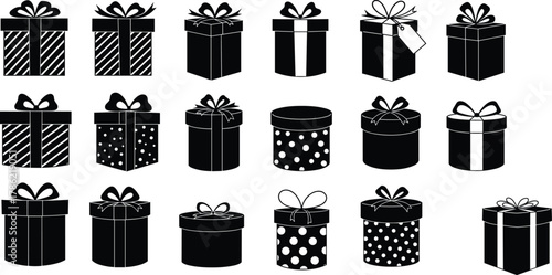 Black and white gift box collection, diverse ribbon bows, striped and polka dot patterns, square, rectangular, cylindrical presents, holiday celebration