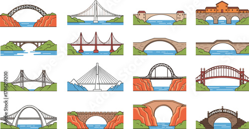 Bridge illustrations, vector bridge designs, suspension bridge, arch bridge, cable stayed bridge, beam bridge, engineering structures, architecture, river, landscape