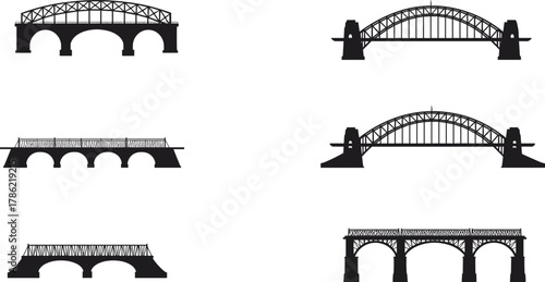 Bridge silhouette illustration, architectural design vector, civil engineering structure, arch bridge, truss bridge, tied arch, landmark construction, infrastructure, architecture, transport