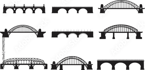 Bridge silhouette illustration, vector design, black and white, architecture, engineering, civil structure, arch bridge, truss bridge, suspension style, construction, infrastructure, transportation,