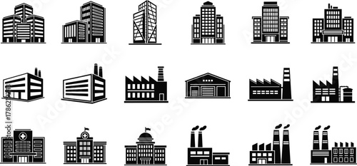 Building icons, architecture silhouettes, skyscraper icons, government buildings, industrial structures, hospital icons, school icons, office towers, urban design, construction icons, landmark