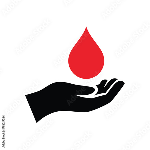 Black silhouette of an open hand holding a red blood drop