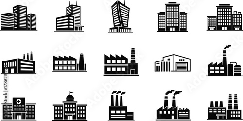 Building silhouette, factory icon, warehouse, office tower, hospital, government building, industrial 