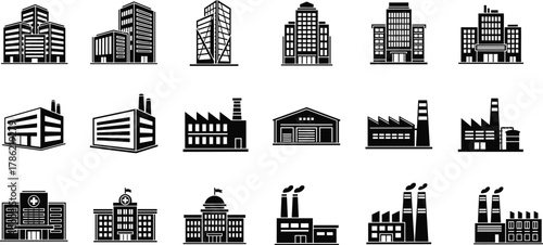 building, architecture, silhouette, vector, icon, office, hospital, government, industrial, factory, warehouse, urban, cityscape, construction, infrastructure, real estate, corporate, municipal,