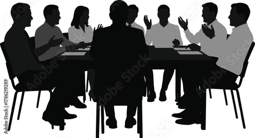 Business meeting silhouette illustration, group discussion around table, teamwork collaboration, corporate communication, professional conference, office people brainstorming together