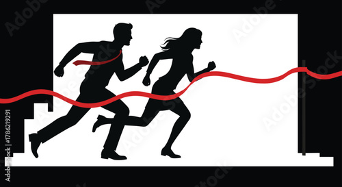 Business competition concept, corporate race, professional success, teamwork challenge, career growth, leadership achievement, finish line, motivation, determination, businesspeople running, victory