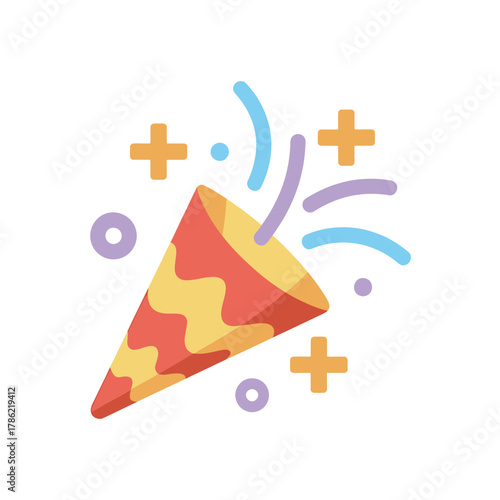 Exploding party popper with colorful confetti and streamers for celebration