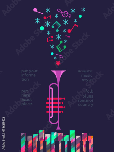 Christmas Live Music event vector poster template. Winter Season Holidays Live Music concert. Piano, trumpet cartoon illustration. Christmas Tunes, Festive Night celebration performance background