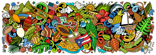 Puerto Rico cartoon doodle vector color banner. Funny Puerto-Rican whimsical illustration. Caribbean tropical elements in a vibrant, playful style