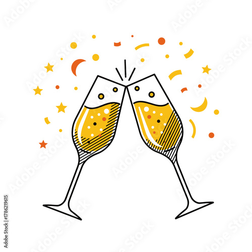 Champagne glasses clinking with confetti in festive celebration design  