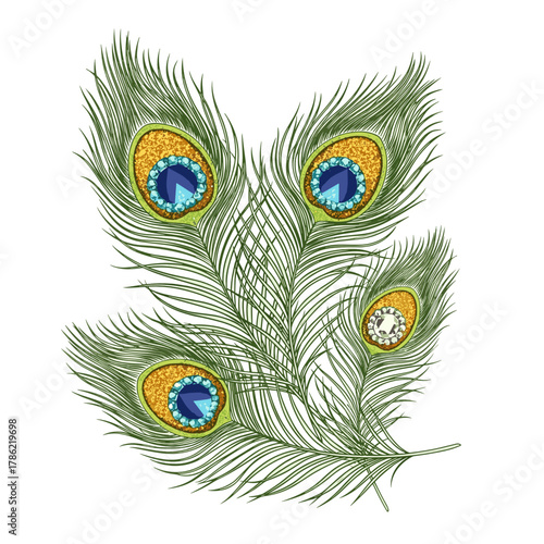 Elegant peacock feathers adorned with jewels and glitter for holiday decorations  