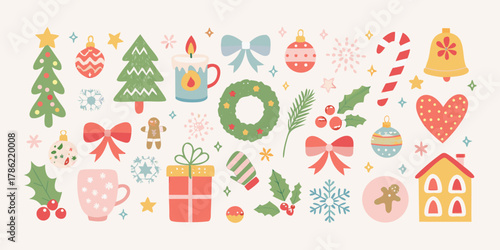 A charming collection of festive christmas holiday icons and decorations in a charming flat design style