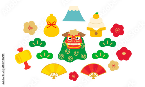 獅子舞や小槌などの縁起物を集めた日本のお正月文化イラストセット