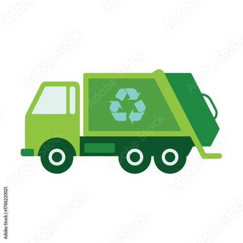 Green recycling truck with recycling symbol on side collecting waste for environmental protection