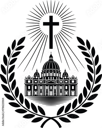 Christian church illustration, cathedral building with cross, religious faith art, holy architecture design, black and white spiritual vector artwork