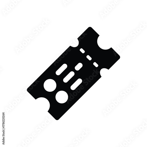 Black silhouette of a vintage style ticket with perforations and circles on white background