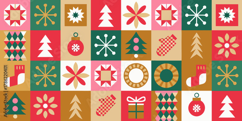 Retro christmas pattern with festive icons and geometric shapes in a grid layout