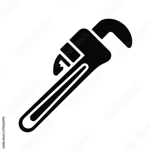 Black silhouette of a pipe wrench tool on a white background