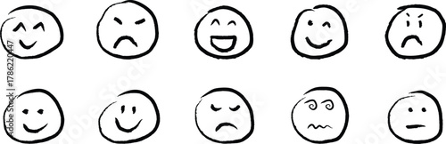 Collection of handdrawn smiley and sad face icons with different emotions