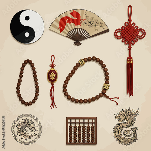 Chinese Traditional Symbols And Objects Collection Yin Yang Fan Knot Beads Abacus Dragon And More