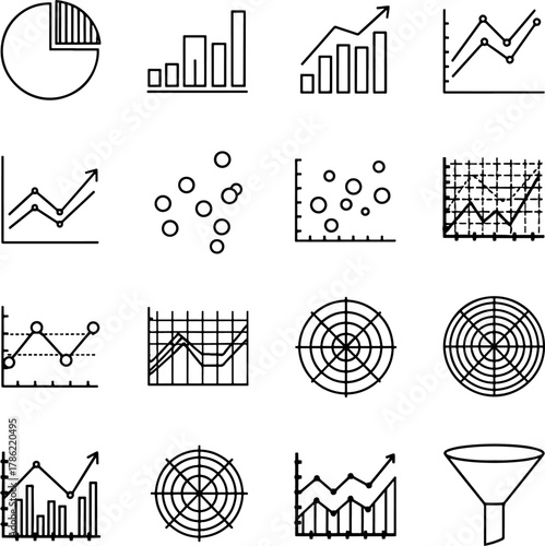 Collection of 12 Business and Finance Related Icons Featuring Various Types of Charts and Graphs on White Background