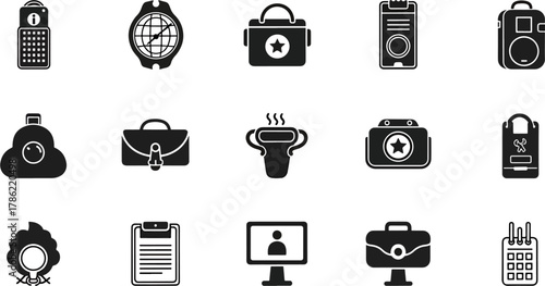 Collection of 15 black and white vector icons representing various objects like bags, cameras, and electronic devices
