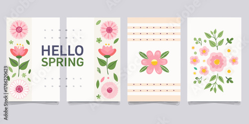 Collection of four vertical greeting cards with floral illustrations and the words hello spring