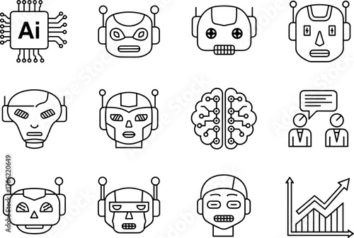 Collection of AI and Robot Icons and Symbols, Futuristic Technology and Artificial Intelligence Concepts Represented by Brain and Chip Designs