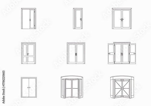 Collection of architectural door designs including modern double doors, single entryways, and rotating entrances