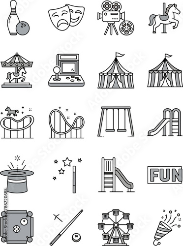 Collection of Amusement Park and Entertainment Icons, Featuring Rides, Games, and Fun Activities, Isolated on White Background