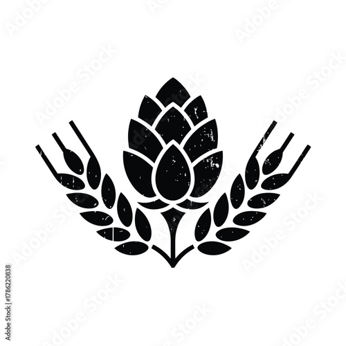 Rustic black silhouette of hops cone and wheat ears emblem for brewing