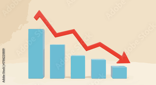 3D Bar Chart Falling Down with Red Arrow Indicating Financial Decline and Economic Recession