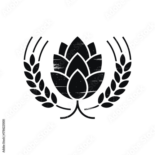 Rustic black silhouette of hops cone and wheat stalks emblem