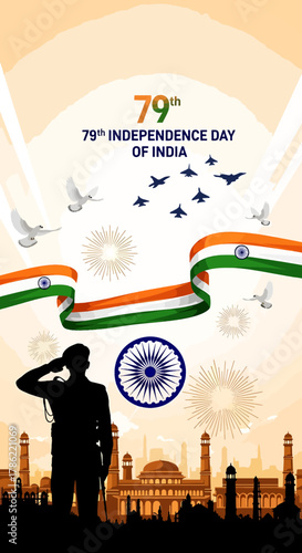 79th Indian Independence Day Celebration with Military Jets, Doves, Flag, and Iconic Buildings Silhouette