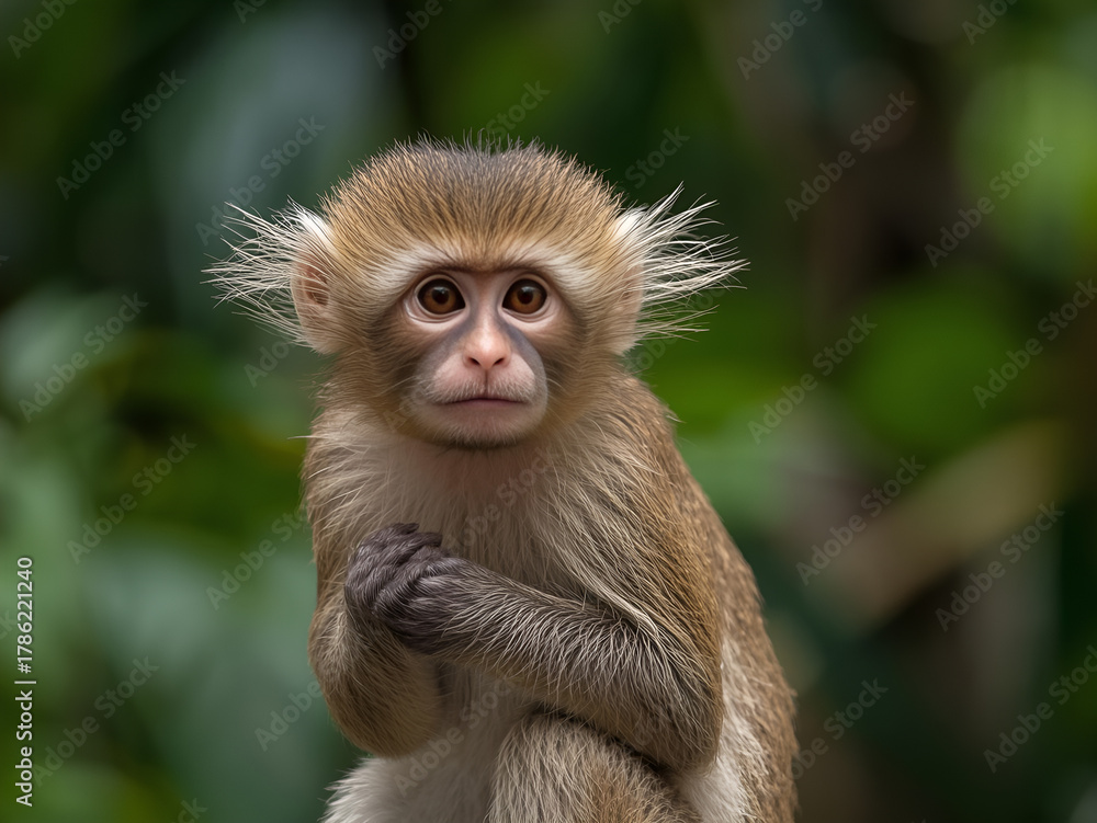 Obraz premium Curious wild monkey looking at camera in tropical forest