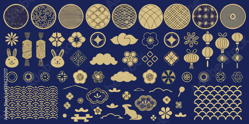 Collection of traditional japanese inspired golden motifs and patterns on a deep blue background