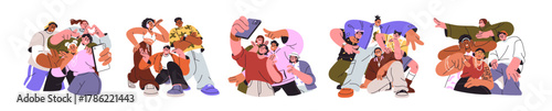 Friends group posing together for selfie on mobile phone, photo portrait. Young people smiling, laughing and gesturing with happy emotions, set. Flat vector illustration isolated on white background.