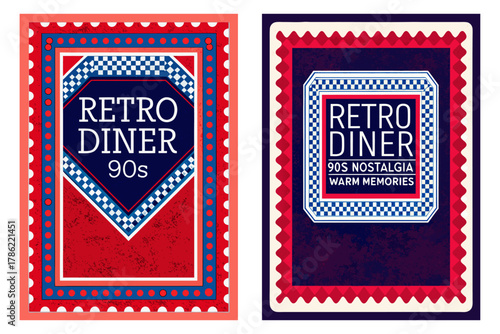 Retro diner stamp from the 90s, checkered border, warm nostalgic colors