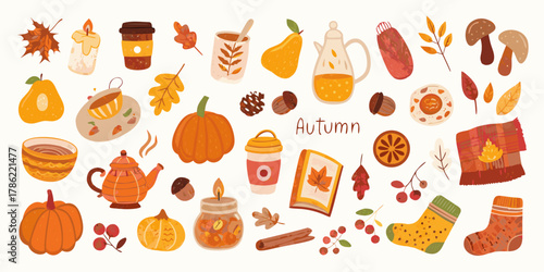 Cozy autumn elements collection featuring pumpkins leaves hot drinks candles and warm scarves