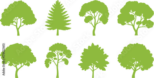 Eight Green Tree Silhouettes on White Background nature plant