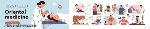 Oriental treatment, traditional Chinese medicine set. Natural healing, health care. Asian medical therapy with acupuncture, cupping, herbal tea. Flat vector illustration isolated on white background.