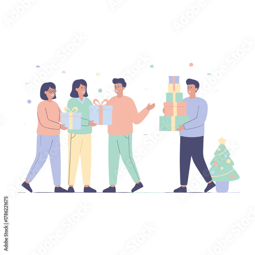 Vector Illustration Depicting Gift Exchange Between People With Pastel Colors And Minimalist Design Featuring A Christmas Tree