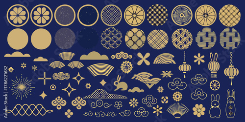 Collection of japanese inspired gold motifs and patterns on a dark blue background