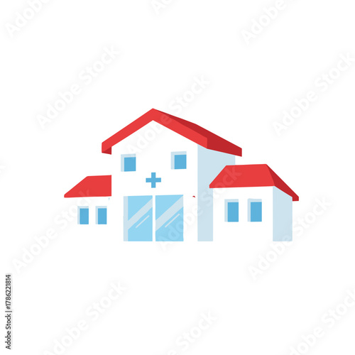 Vector illustration of a modern hospital building with red roof and blue cross symbol on glass doors surrounded by palm trees under clear sky