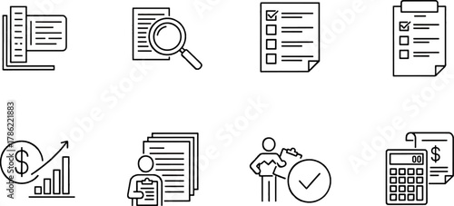 Collection of Business and Finance Icons Featuring Growth Charts, Magnifying Glass, Checklists, and Calculators