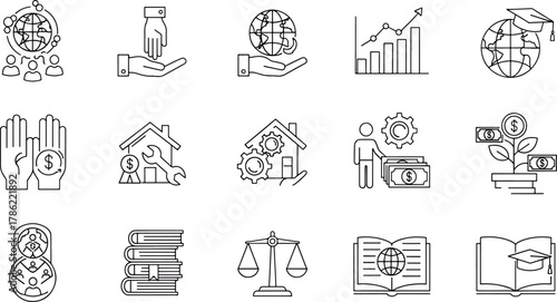 Collection of Business and Finance Icons Global Economy Education and Legal Concepts Vector Graphics Set