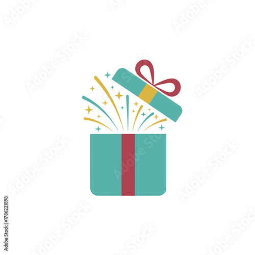 Vector illustration of a teal gift box with a red ribbon opening to reveal colorful confetti and sparkles with a black background